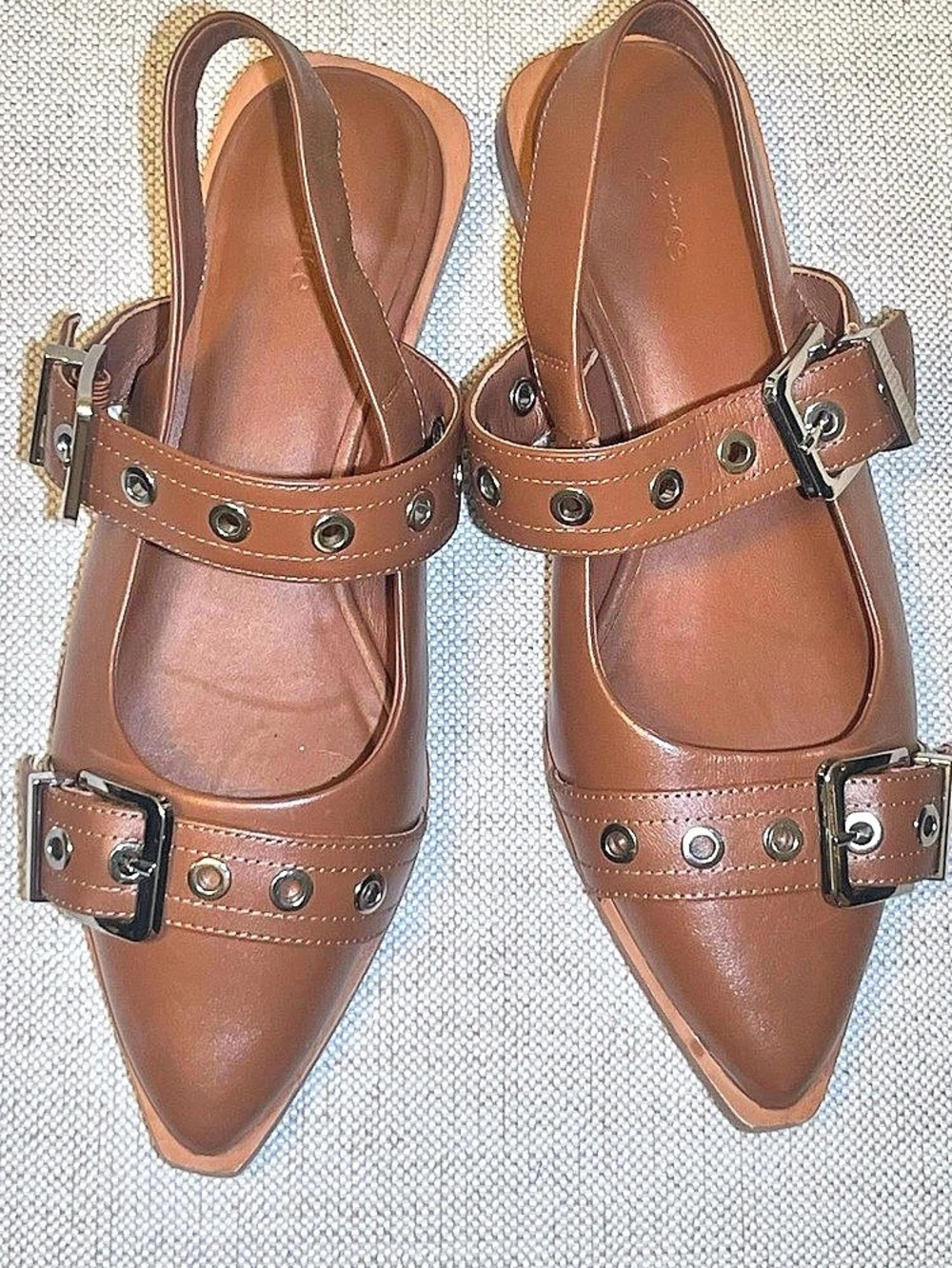 Quince Italian Leather Bold Buckle Slingback Flat Brown US 7